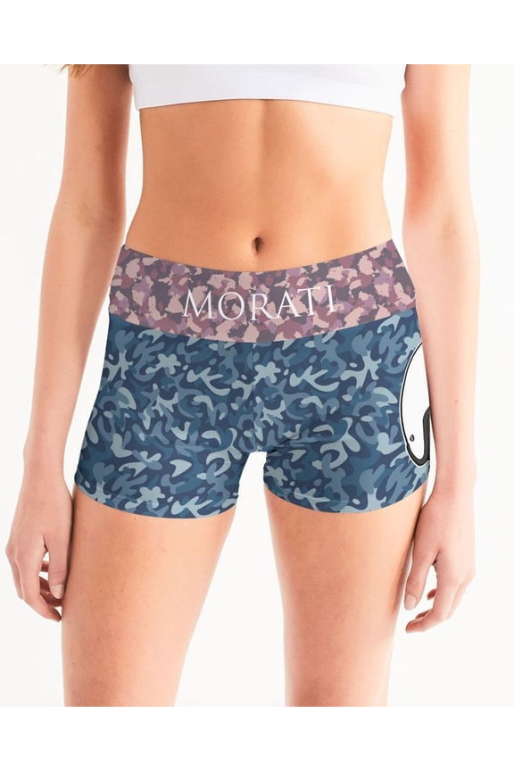CAMO BLUE X SKULL HEAD Women's Mid-Rise Yoga Shorts
