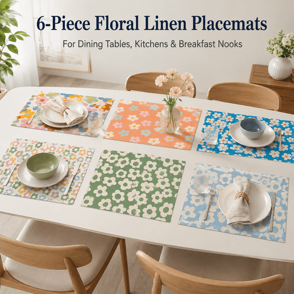 MORAVE 12"x18" Linen Table Placemats Set of 6, Retro Groovy Floral Waterproof Mats for Summer Farmhouse Home Decor