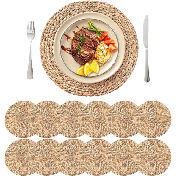 MORAVE 13.8'' Round Set of 12 Boho Rattan Woven Placemats, Rustic Wicker Straw Braided Chargers for Dinner Plates, Dining Table Decor for Wedding Farmhouse and Home Decor