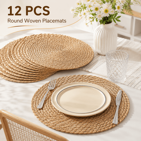 MORAVE 13.8'' Round Set of 12 Boho Rattan Woven Placemats, Rustic Wicker Straw Braided Chargers for Dinner Plates, Dining Table Decor for Wedding Farmhouse and Home Decor