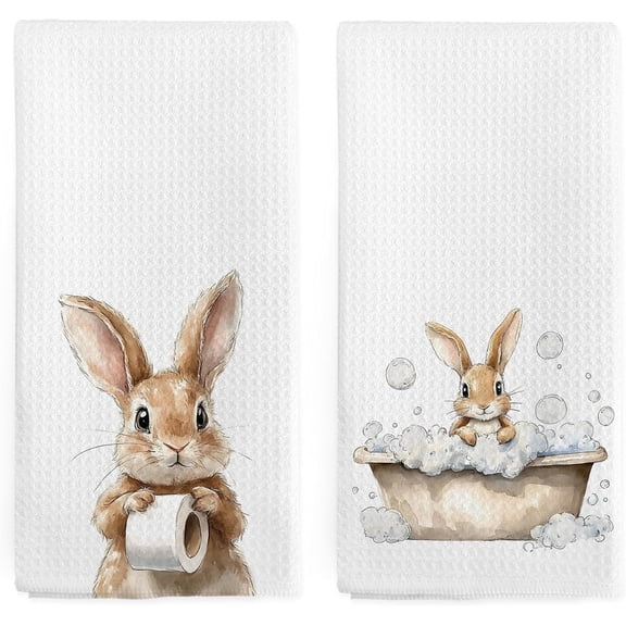 MORAVE 16x24 inches Cute Bunny Rabbit Hand Towel Set of 2, Easter Decor for Bathroom Kitchen Nursery Toilet Washroom