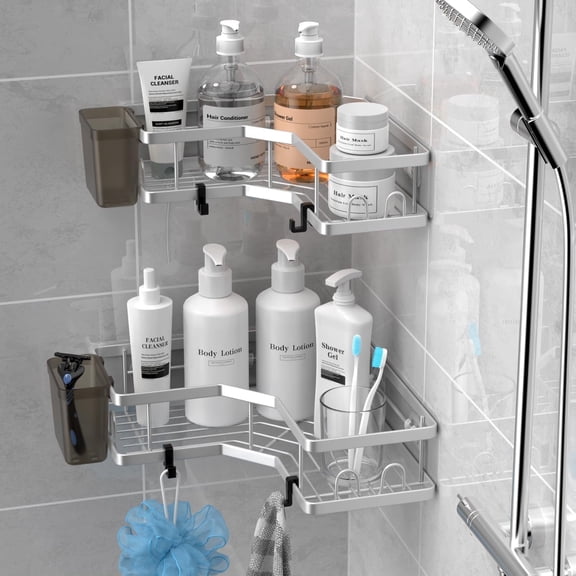MORAVE 2 Pack Adhesive Shower Organizer Essentials: Corner Shower Caddy Shelf Rack - Stainless Steel Bathroom Storage Rack with Hooks and Toothpaste Holder No Drilling