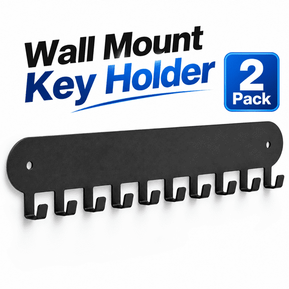 MORAVE 2 Pack Black 10 Hooks Self Adhesive No Drill Wall Mount Key Holder Rack for Living Room Kitchen Bathroom Garage