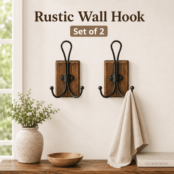 MEYRKLOE 2-Pack Rustic Wood Wall Hooks, Tri-Hook Coat Rack with Adhesive or Wall Mount, Farmhouse Hooks for Coats, Hats, Bags & Towels, Brown