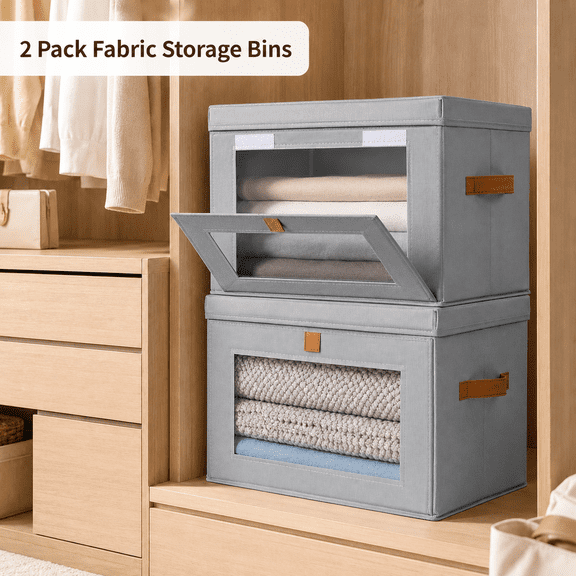MORAVE 2 Pack Grey Collapsible Fabric Storage Boxes with Lids, Large Closet Organizer Bins with Handles & Window, Decorative Containers for Clothes, Living Room and Dorm