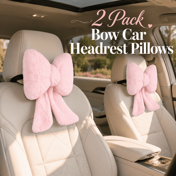 MORAVE 2 Pack Pink Bow Plush Car Headrest Neck Pillows, Travel Driving Office Chair Head Support Cushions, Cute Car Decor Accessories for Women