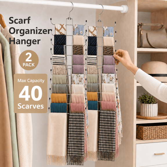 MEYRKLOE 2 Pack Scarf Hanger for Closet, Metal Scarf Organizer with 10 Tiers, Holds 40 Scarves, Space Saving Hanging Closet Storage, Silver
