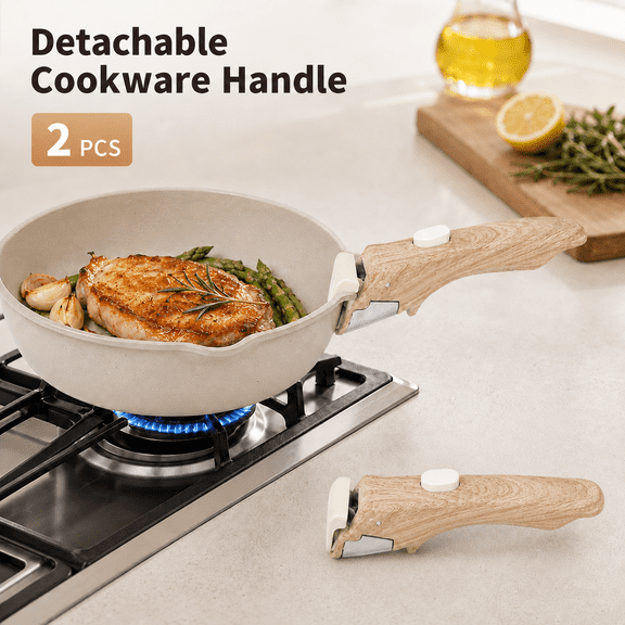 MORAVE 2 Pack Universal Detachable Cookware Handles, Wood-Like Removable Grip Fits Thin Edge Pots and Pans