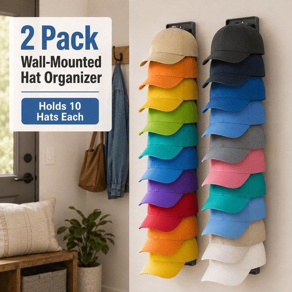 MORAVE 2 Packs Wall Mount Hat Organizer, Baseball Cap Rack with Spring Clips, Adhesive & Screw Installation for Wall, Door & Closet