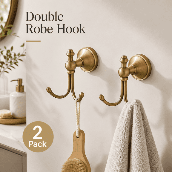MEYRKLOE 2 Pack Antique Brass Towel Hooks, Double Wall Mounted Robe Hooks for Bathroom and Kitchen, Brushed Bronze Finish, Hand Towel Holder