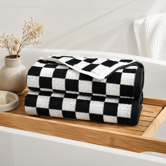 MORAVE 2 Set Black and White Checkered Cotton Bath Towels - Cute Aesthetic Towels for Bathroom Decor, Spa, Pool, Beach 27.5" x 55"