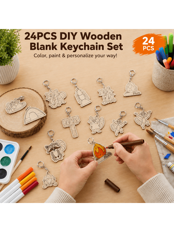 24 Pcs DIY Wooden Blank Keychains, 12 Styles Color Your Own Craft Keychains for Classroom, Party Favors and Gifts