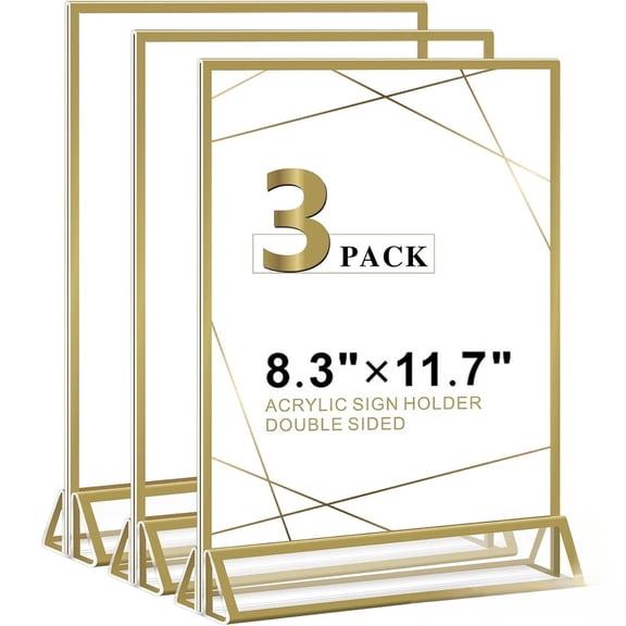 MORAVE 3 Pack 8.3 x 11.7 Inch Gold Acrylic Sign Holder, Vertical Double-Sided Display Stands Plastic Paper Flyer Holder for Wedding Business Store Party Vendor Booth