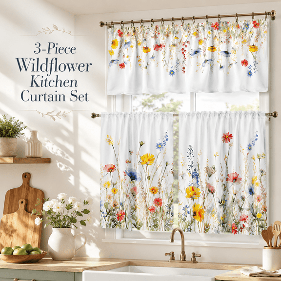 MORAVE 3 Piece Kitchen Curtains Set, Floral Valance and Tier Curtain Panels, 36 inch Length, Black White Plaid Window Decor