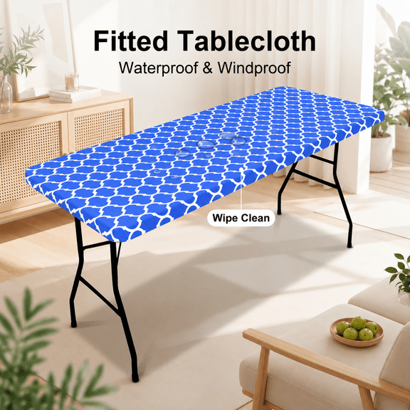 TAVENE 30x72 Inch Elastic Fitted Rectangle Picnic Table Cover, Waterproof Flannel Backed Vinyl Table Protector for 6FT Indoor Outdoor Camping Tables, Blue