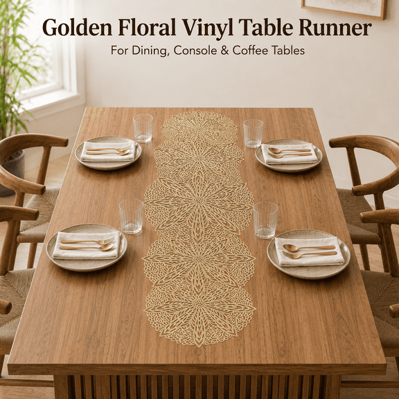 MORAVE 36 Inch Gold Sphere Vinyl Table Runner, Heat Resistant Small Table Cover, Decorative Table Linen for Dinner Party & Wedding