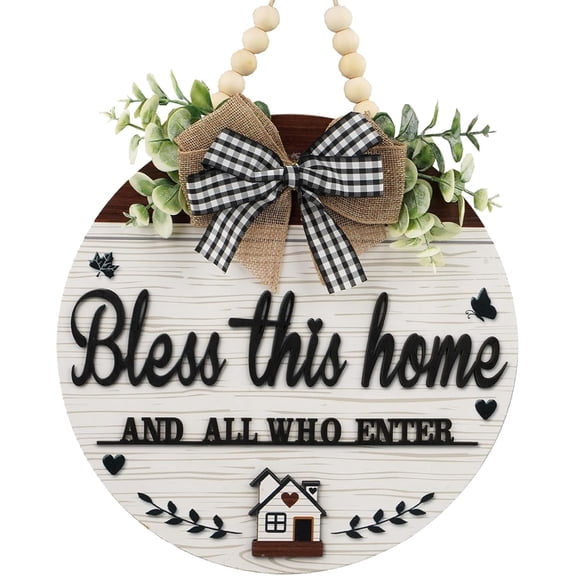 MORAVE 3D Wooden Front Door Signs, Bless This Home And All Who Enter Hanging Door Decor, Christian Jesus All Season Spring Wreaths for Porch Wall Front Door Outside Decor