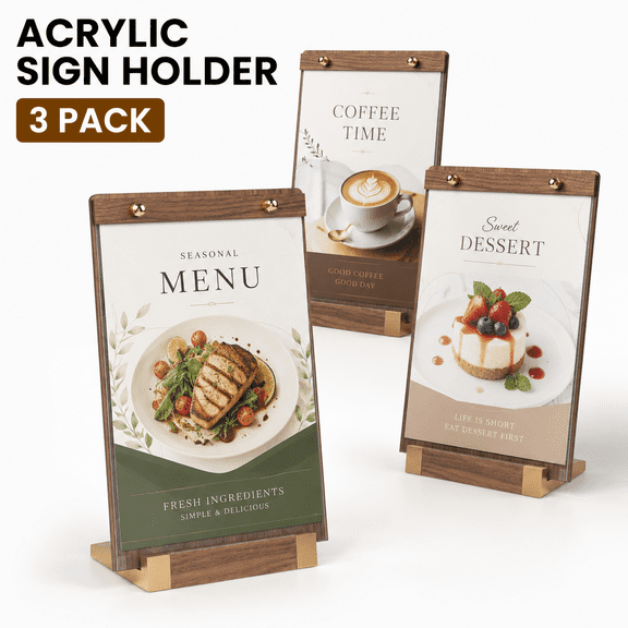 MORAVE 3Pack 8.5 x 11 Acrylic Sign Holders with Walnut Wood Base, Tabletop Clear Commercial Display Stand Frame for Menu Poster Flyer Table Paper, Restaurant Office Coffee Shop Store Bar Wedding