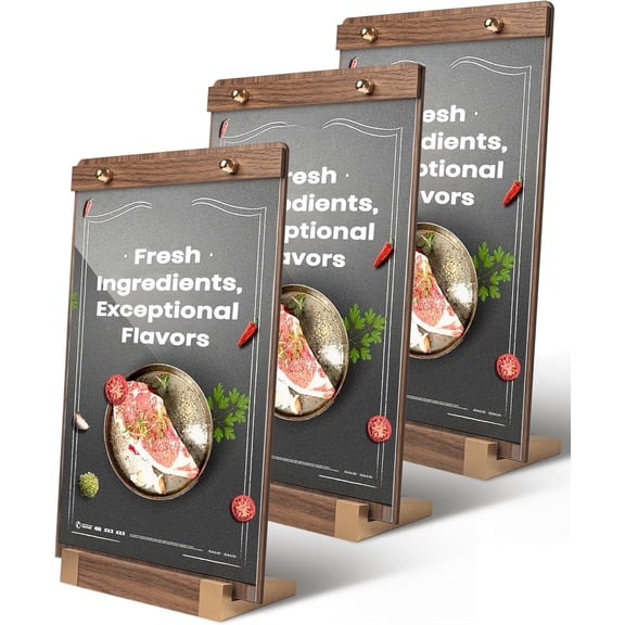 MORAVE 3Pack 8.5 x 11 Acrylic Sign Holders with Walnut Wood Base, Tabletop Clear Commercial Display Stand Frame for Menu Poster Flyer Table Paper, Restaurant Office Coffee Shop Store Bar Wedding