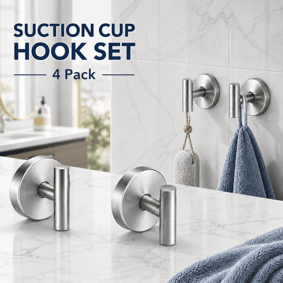 MORAVE 4-Pack Brushed Nickel Heavy Duty Suction Cup Hooks, Removable No Damage Hanger for Shower Kitchen Bathroom Mirror Wall Door Tile Glass Window Loofah Robe Coat