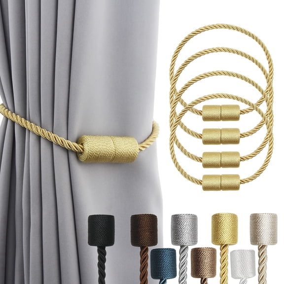 MORAVE Outdoor 4 Pack Gold Strong Magnetic Curtain Tiebacks, Modern Elegant Decorative Rope Tie Backs, Window Curtain Holdbacks for Drapes and Draperies