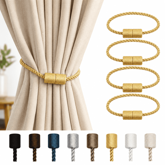 MORAVE Outdoor 4 Pack Gold Strong Magnetic Curtain Tiebacks, Modern Elegant Decorative Rope Tie Backs, Window Curtain Holdbacks for Drapes and Draperies