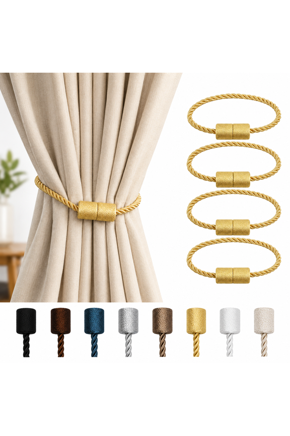 Outdoor 4 Pack Gold Strong Magnetic Curtain Tiebacks, Modern Elegant Decorative Rope Tie Backs, Window Curtain Holdbacks for Drapes and Draperies