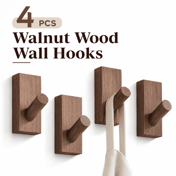 MORAVE 4 Pack Walnut Wood Natural Wooden Wall Hooks, Adhesive & Screw Mount Coat and Towel Hooks, Decorative Key Holder Hat Rack Stocking Wall Hangers for Bathroom Entryway Closet