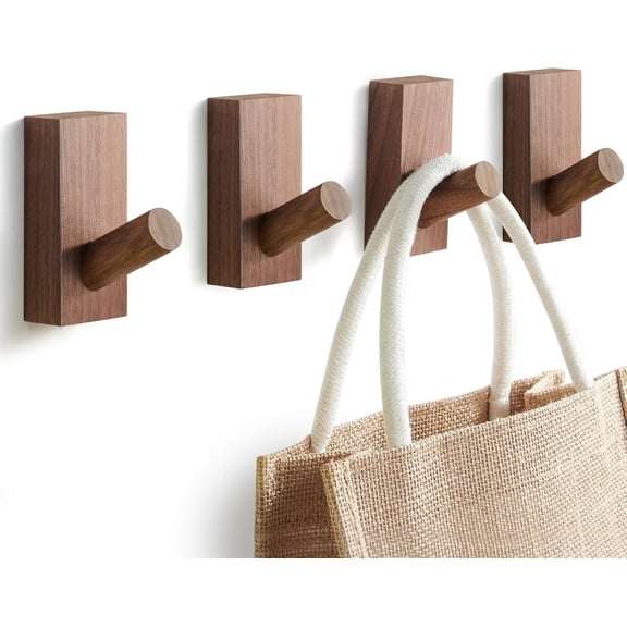 MORAVE 4 Pack Walnut Wood Natural Wooden Wall Hooks, Adhesive & Screw Mount Coat and Towel Hooks, Decorative Key Holder Hat Rack Stocking Wall Hangers for Bathroom Entryway Closet
