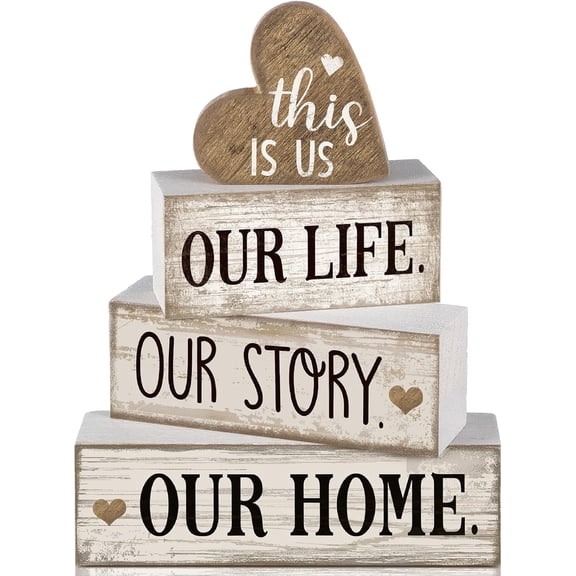 MORAVE 4 Pcs Farmhouse Rustic Wooden Heart Tabletop Decor, This is Us Our Home Block Sign Centerpiece for Table Kitchen Shelf Decoration Gift