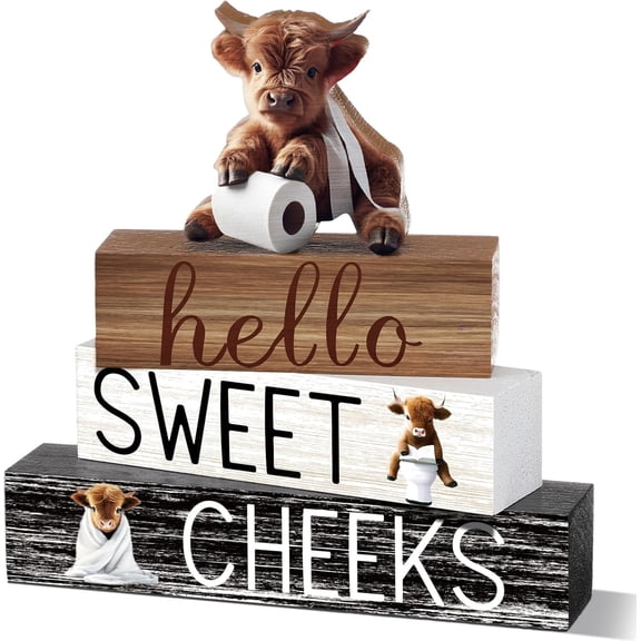 MORAVE 4 Pcs Farmhouse Western Highland Cow Bathroom Decor, Hello Sweet Cheeks Table Centerpiece Gift for Christmas Valentines Back to School