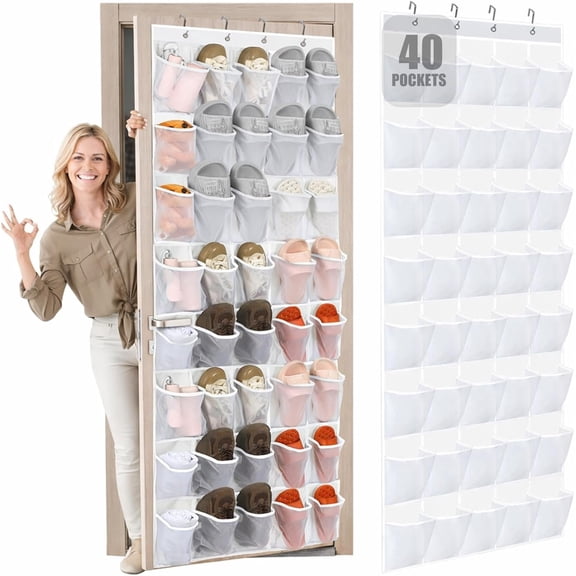 MORAVE 40 Pockets Breathable Mesh Over Door Shoe Rack, White Hanging Organizer with Non-Slip Hook for Closet & Entryway