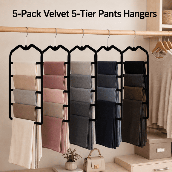MORAVE 5 Pack Velvet Short Neck Pants Hangers, 5 Tier Space Saving Closet Organizer, Non-Slip Hanger for Pants, Jeans