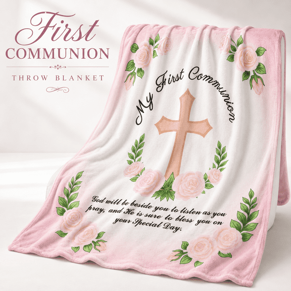 MORAVE 50 x 60'' Classic First Communion Throw Blanket, Christian Inspirational Baptism & Christening Gift, Ideal 1st Communion and Catholic Birthday Present for Women and Men