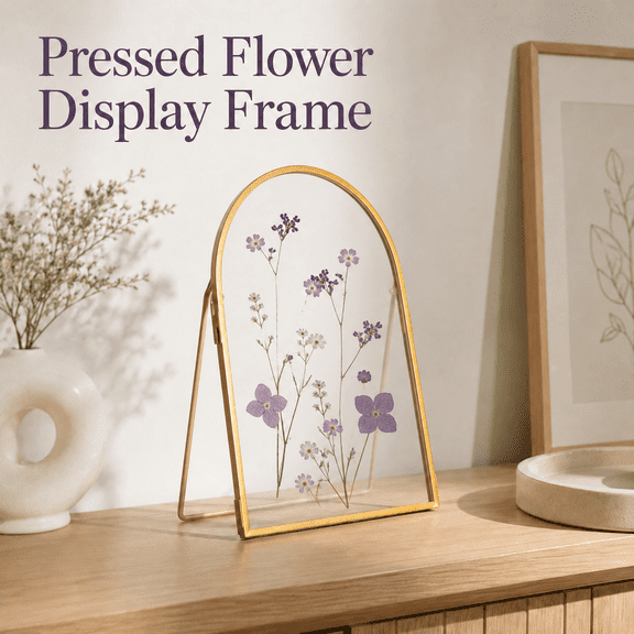 MORAVE 5x7 Inch Arc-shaped Gold Brass Double Glass Frame, Metal Floating Photo Frame for Handmade Pressed Flowers, suitable for tabletop display (Frame Only)