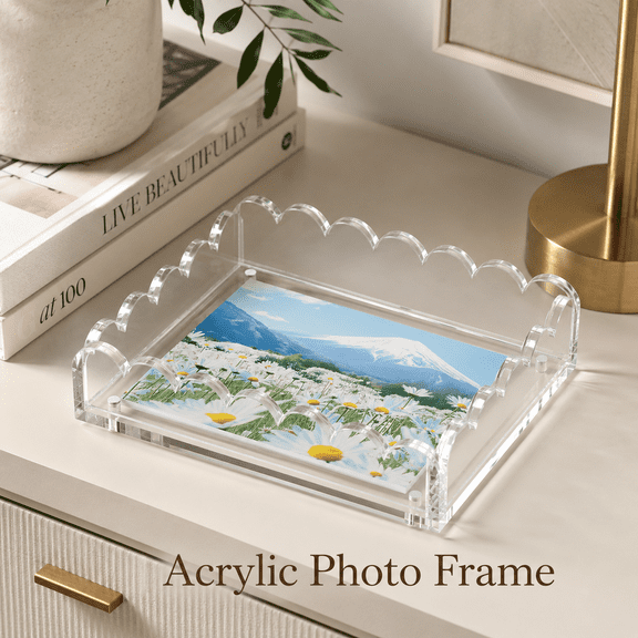 MORAVE 5x7in Scalloped Acrylic Tray, Magnetic Customizable Display Tray for Photos, Art, Notes, Non-Slip, Home Office Decor Gift