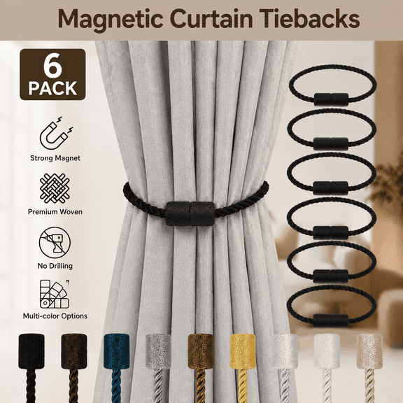 MORAVE 6 Pack Outdoor Black Strong Magnetic Curtain Tiebacks, Modern Elegant Decorative Rope Tie Backs, Window Curtain Holdbacks for Drapes and Draperies