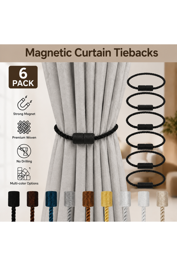 6 Pack Outdoor Black Strong Magnetic Curtain Tiebacks, Modern Elegant Decorative Rope Tie Backs, Window Curtain Holdbacks for Drapes and Draperies