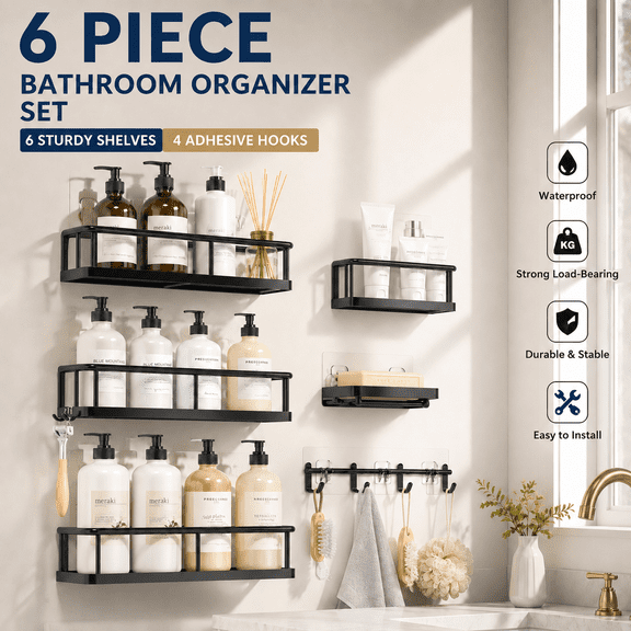 MORAVE 6 Pack XXL Size Large Capacity Adhesive Bathroom Caddy, Rustproof Shower Shelves for Inside Shower, No Drilling Bathroom Organizers and Storage for Kitchen & Home Decor