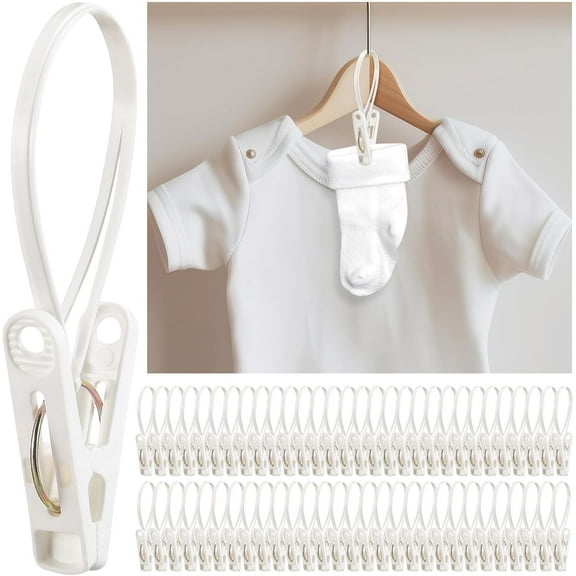 MORAVE 60 Pack White Multi-Purpose Plastic Laundry Hanging Clips with Rope, Closet Wardrobe Kitchen Bathroom Organizer for Pants Hat Sock Boot Bra Towel