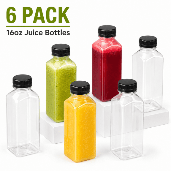 TAVENE 6pcs 16oz Clear Plastic Juice Bottles with Caps, Reusable Disposable Empty Beverage Containers Bulk for Juicing Smoothies Turmeric Juice Milk and Other Beverages