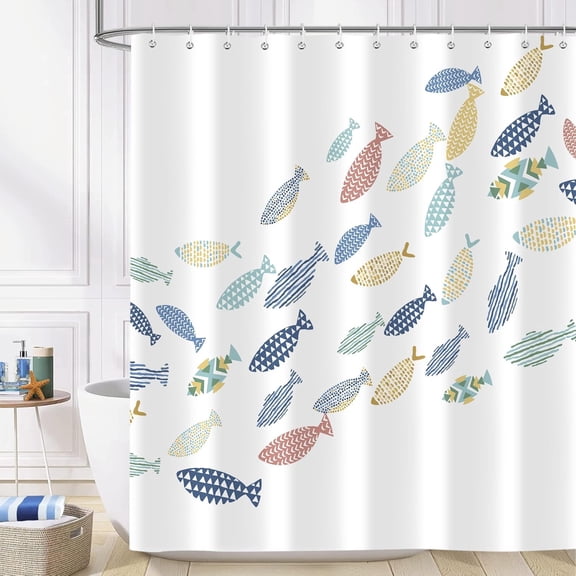 MORAVE 72x72 Inch Colorful Fish Shower Curtain, Waterproof Washable Fabric Cartoon Ocean Bathroom Decor with 12 Hooks