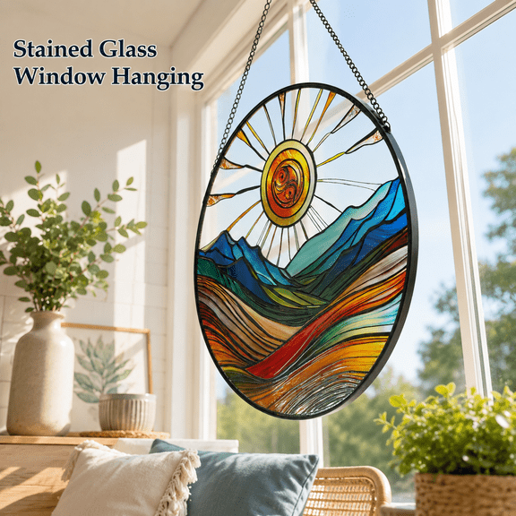MEYRKLOE Stained Glass Window Hanging, 9.8 Inch Sun Catcher, Boho Wall Art Decor with Metal Chain, Hand Painted Sun Mountains Glass Panel