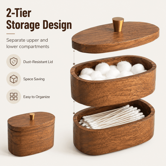 MORAVE Acacia Wood Bathroom Jars with Lids Qtip Holder, Double-Layer Canisters for Cotton Ball/Round/Pads Floss Pick Storage, Bathroom Countertop Vanity Organizer Home Decor