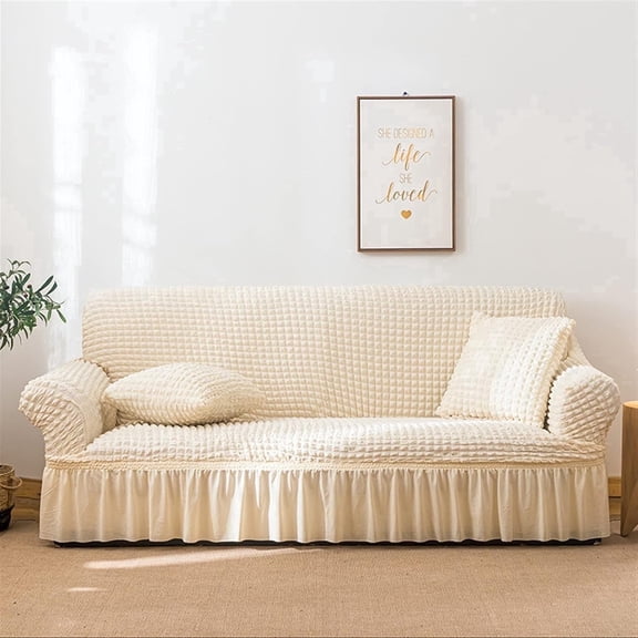 MORAVE All-Inclusive Seersucker Elastic Universal Sofa Covers, Lazy Couch Cover with Lace Skirt Edge, Washable for Living Room Lounge Rv