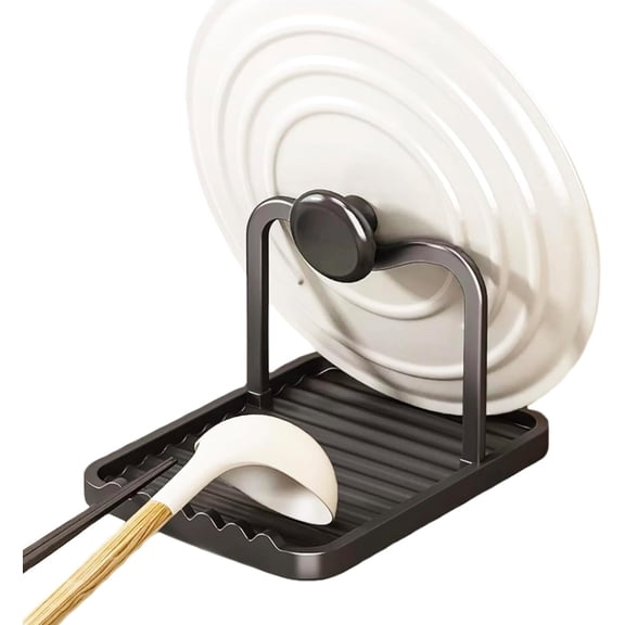 MORAVE Black Anti-Rust Metal Spoon Rest with Pot Lid Holder, Heat-Resistant Multifunctional Utensil Rack for Stovetop & Kitchen Counter