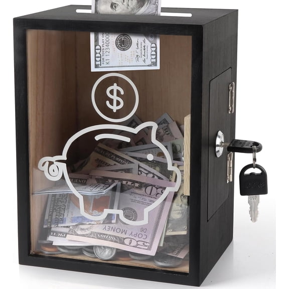 MORAVE Black Clear Piggy Bank with Lock, Large Openable Money Bank Box Container, Clear Saving Jar for Cash Coin Change Penny Storage, Money Saving Container for Adults