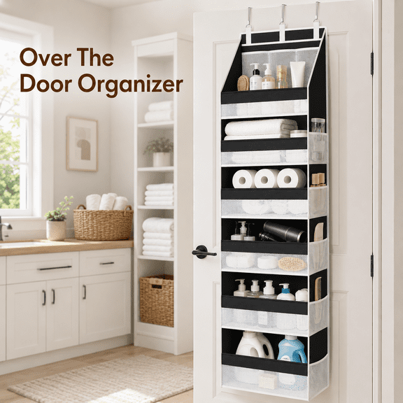 MEYRKLOE Over the Door Organizer, 6-Shelf Hanging Storage with 13 Mesh Pockets, 55 lb Capacity, Foldable Closet Organizer for Bathroom, Bedroom and Dorm, Black
