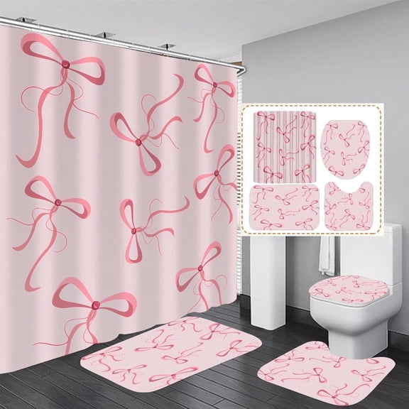 MORAVE Cute Pink Bow Shower Curtain Set, 4Pcs Aesthetic Bow Knot Bathroom Sets with 12 Hooks, Shower Curtain and Accessories