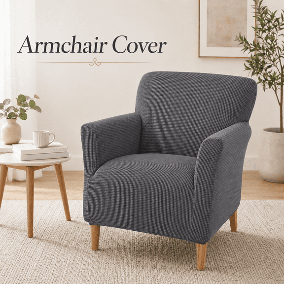 MORAVE Dark Grey 1-Piece Stretch Jacquard Fabric Armchair Slipcover, Removable Washable Mid-Century Modern Furniture Protector for Living Room Office